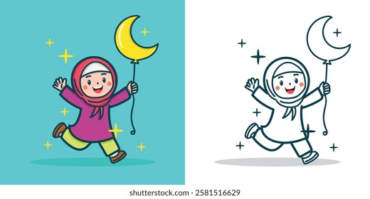 A cute Muslim little girl jumping with a crescent moon-shaped balloon for a design element or coloring book element