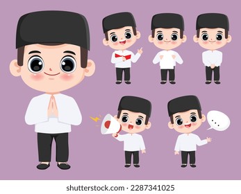 Cute muslim man cartoon character. Chibi cartoon animation design.