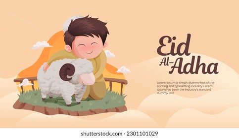 Cute muslimische Mann mit opferem Schaftier in Eid Al Adha Celebration Banner