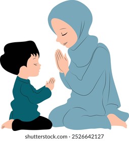 cute Muslim Outlined Boy Praying with His Mother