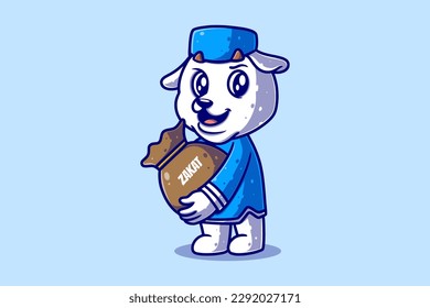 Cute Muslim Sheep Cartoon Character giving zakat