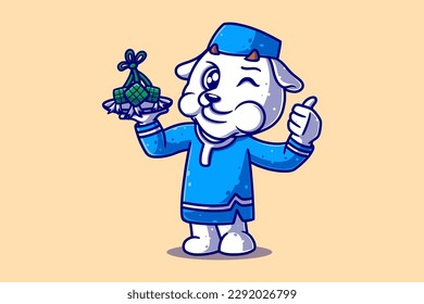 Cute Muslim Sheep Cartoon With Ketupat Food Eid Al-Fitr