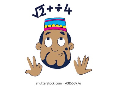 Cute Muslim Solving a Sum. Vector Illustration. Isolated on white background.