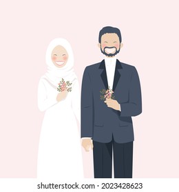 Cute Muslim Wedding Couple Beaming with Smile and Happiness Wearing Wedding Attire