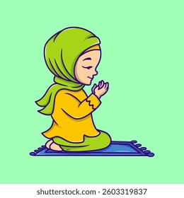 Cute muslim woman cartoon character wearing hijab, praying on a prayer mat