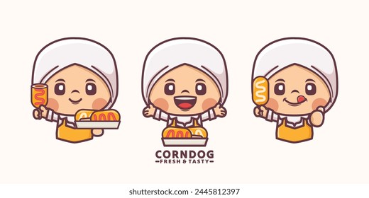 cute muslim woman cartoon mascot with corn dog, vector illustration in outline style, suitable for culinary identity, cartoon icon, sticker, etc.