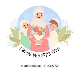 Cute muslim woman mother with her children son and daughter with bouquet of flowers. Happy Mother's Day postcard. Vector illustration. Positive holiday islamic family in cartoon flat style