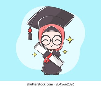 Cute Muslim Woman Student Graduation Cartoon Character