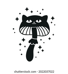 Cute musroom with sparkles. Black cat mushroom. Funny plant illustration. Black and white vector silhouette