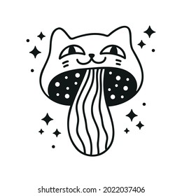 Cute musroom with sparkles.White cat mushroom. Funny plant illustration. Black and white vector silhouette