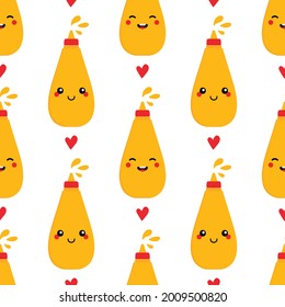 Cute mustard bottles, sauce packages characters and red hearts vector seamless pattern background for fast food design.
