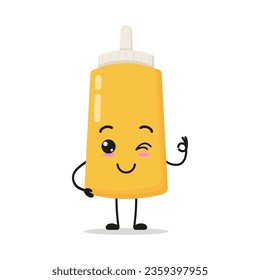 Cute mustard sauce bottle character. Funny smiling and wink food cartoon emoticon in flat style. mayonnaise bottle emoji vector illustration