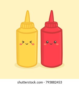 Cute Mustard Tomato Ketchup Bottle Vector Illustration Cartoon Character Smile