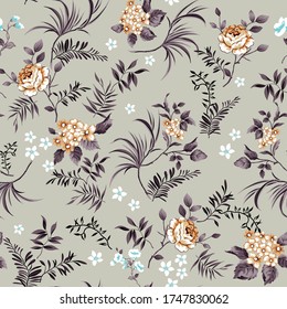 cute mustered small vector flowers with maroon leaves pattern on background