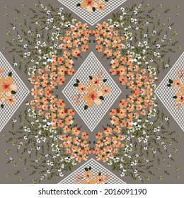 Cute Mustered Vector Small Flowers With Leaves Pattern On Bandanna Grey Background