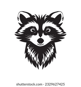 Cute muzzle of a black raccoon on a white background. Drawing, raccoon logo, icon.