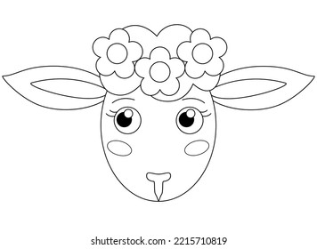 Cute muzzle of a cartoon sheep with a wreath - a vector linear picture for coloring. Outline. Sheep head, lamb cute animal with a wreath for children's coloring