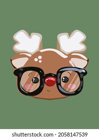 Cute muzzle of a Christmas deer with a red nose wearing glasses. Vector illustration postcard.