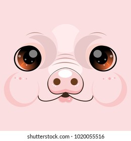 cute muzzle of a pink pig.  illustration of the cheeful happy pig face on pink background.