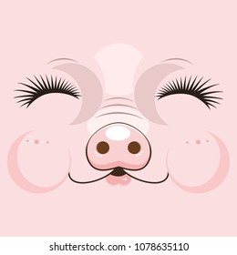 cute muzzle of a pink pig. Vector illustration of the cheeful happy pig face on pink background.