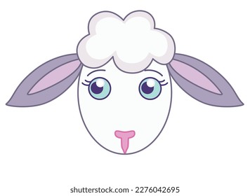 Cute muzzle of a sheep with blue eyes - a vector full-color picture with a farm pet. Lamb, children's picture
