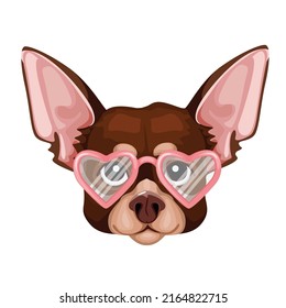 Cute muzzle toy terrier dog wearing heart shaped glasses. Print for clothes, postcard. Vector