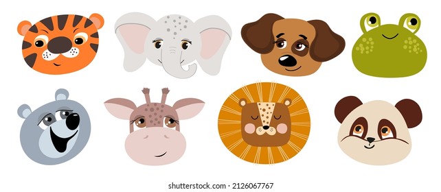 Cute muzzles of animals on a white background. Set of vector illustrations of animals for printing on fabric, postcard, wrapping paper, poster, wallpaper. Decoration of children's room and clothes.