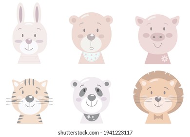 cute muzzles animals. rabbit bear pig tiger panda lion