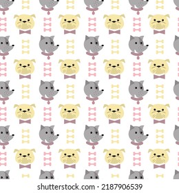 Cute muzzles of dogs with bones. Animal pattern. Vector illustration isolated on white background. For kids, prints, posters, apparel, packaging, brochures and covers.