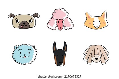 Cute muzzles of dogs hand drawn vector set. Cartoon dog or puppy characters design collection with flat color. Set of funny pet animals isolated on white background.