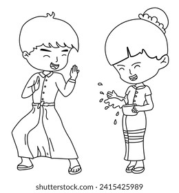 Cute Myanmar Water Songkran character line vector illustration