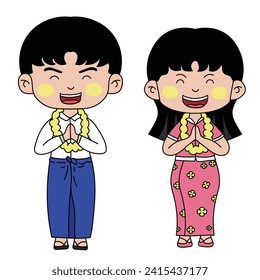 Cute Myanmar Water Songkran character line vector illustration