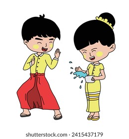 Cute Myanmar Water Songkran character line vector illustration