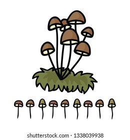 Cute mycena mushroom cartoon vector illustration motif set. Hand drawn edible fungi elements clipart for wild food foraging blog, toadstool graphic, woodland web buttons with border.