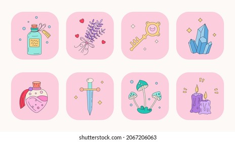 Cute Mystic boho mystische Icon Set. Handgezeichnete Cartoon bunter magischer Alchimieelement-Kollektion. Silhouette Symbol in doodle kawaii Design. Esoterische Symbol auf rosafarbenem Hintergrund. Vektortarot-Ästhetik.	