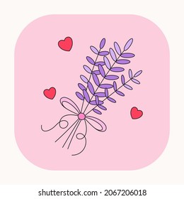 Cute Mystic boho lavender illustration. Hand drawn cartoon colorful medicinal herbs element. Silhouette icon in doodle kawaii design. Esoteric icon on pink background. Vector herbs art.	