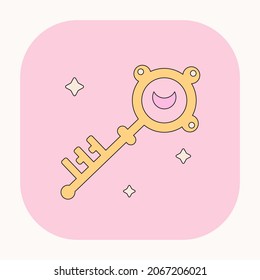 Cute Mystic boho magic key illustration. Hand drawn cartoon colorful secret key element. Silhouette icon in doodle kawaii design. Esoteric icon on pink background. Vector mystic key art.	