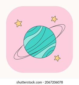 Cute Mystic boho planet and stars illustration. Hand drawn cartoon colorful astronomy element. Silhouette icon in doodle kawaii design. Esoteric icon on pink background. Vector space body art.	