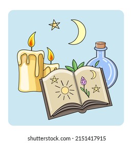 Cute Mystic  icon. Cartoon colorful Magical element collection. Kawaii astrology icons of candles, magic book, crescent, stars, pentagram, elixir vector stuff.