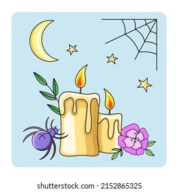 Cute Mystic  icon. Cartoon colorful Magical element collection. Kawaii astrology icons of candles, flower, spider, stars, web, crescent, branches vector stuff.