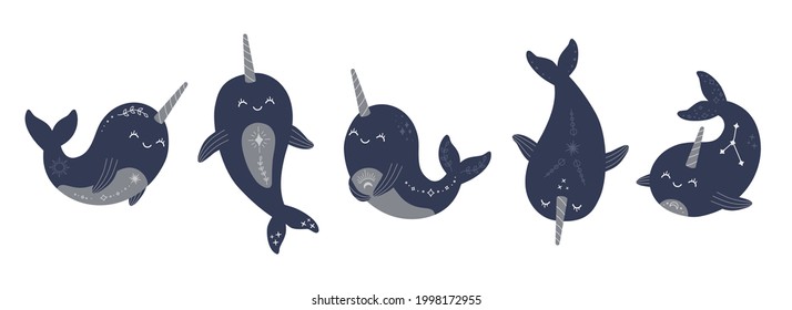 Cute mystic narwhals collection, magic celestial baby whale set. Boho sea animals with star, moon and constellation modern trendy hand drawn vector illustration, flat cartoon style on white background