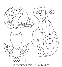 Cute mystical cats with different tails. Black and white outline illustration.