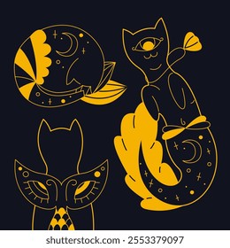 Cute mystical cats with different tails color. Black and white outline illustration.