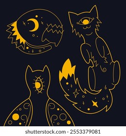 Cute mystical cats as forest animals color. Outline illustration.