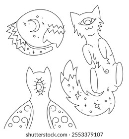 Cute mystical cats as forest animals. Black and white outline illustration.