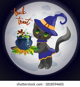 
Cute mystical gray kitty in the light of the moon.
Sweet tricky treat in a bowler hat for Halloween.
Vector bright decorative illustration.