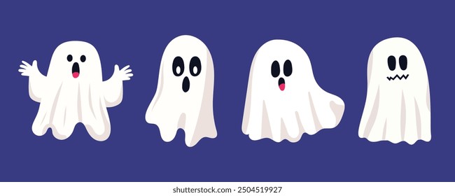 Cute mystical halloween ghosts set on purple isolated background. Horrible funny ghosts in children's cartoon style. For cartoon characters, children's books, halloween decor.