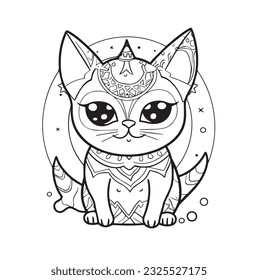 Cute mystical kitten Character, line art. Coloring page for kids and adults, cartoonish, cute.