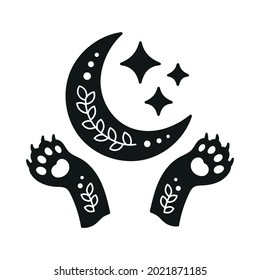 Cute mystical magic celestial illustration with cat paws. Mystical witchy object. Isolated vector black and white image 