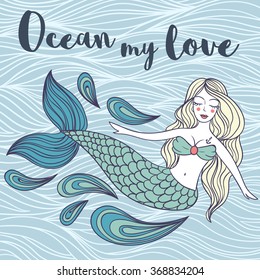 Cute mystical mermaid.Deep ocean.Vector illustration.Waves background.